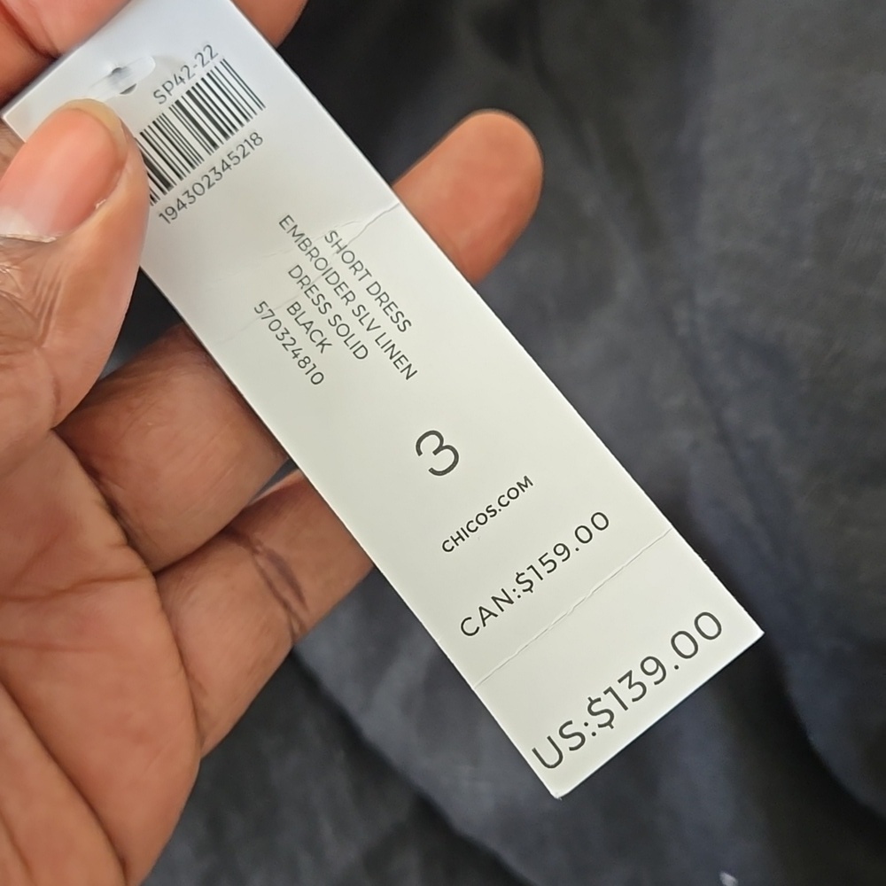 Chico's Black Embroidered Flutter Sleeve 100% Linen Short Dress Size 16 - Picture 11 of 11